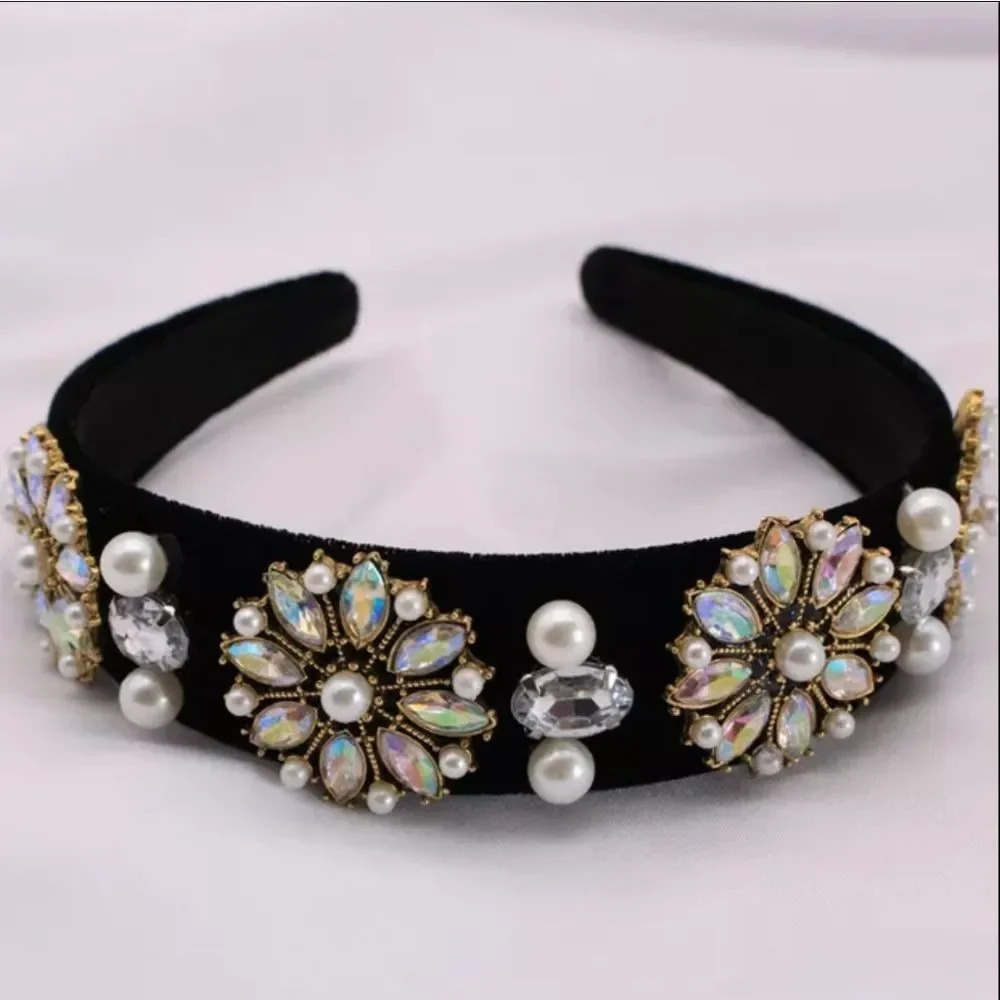 Rhinestone pearl bejeweled encrusted black velvet luxury headband